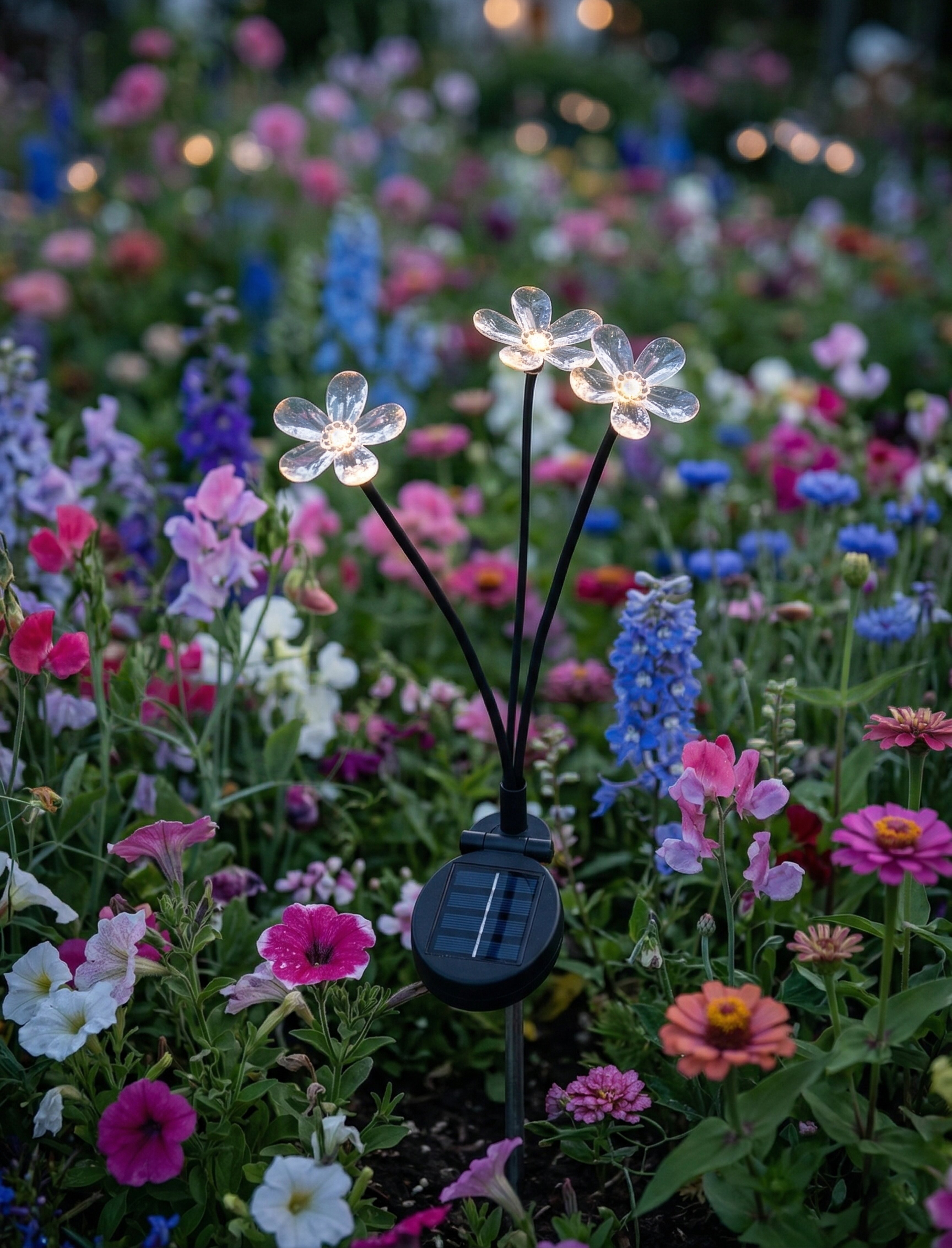 utomhusbelysning i form av blommor bland blomhav.