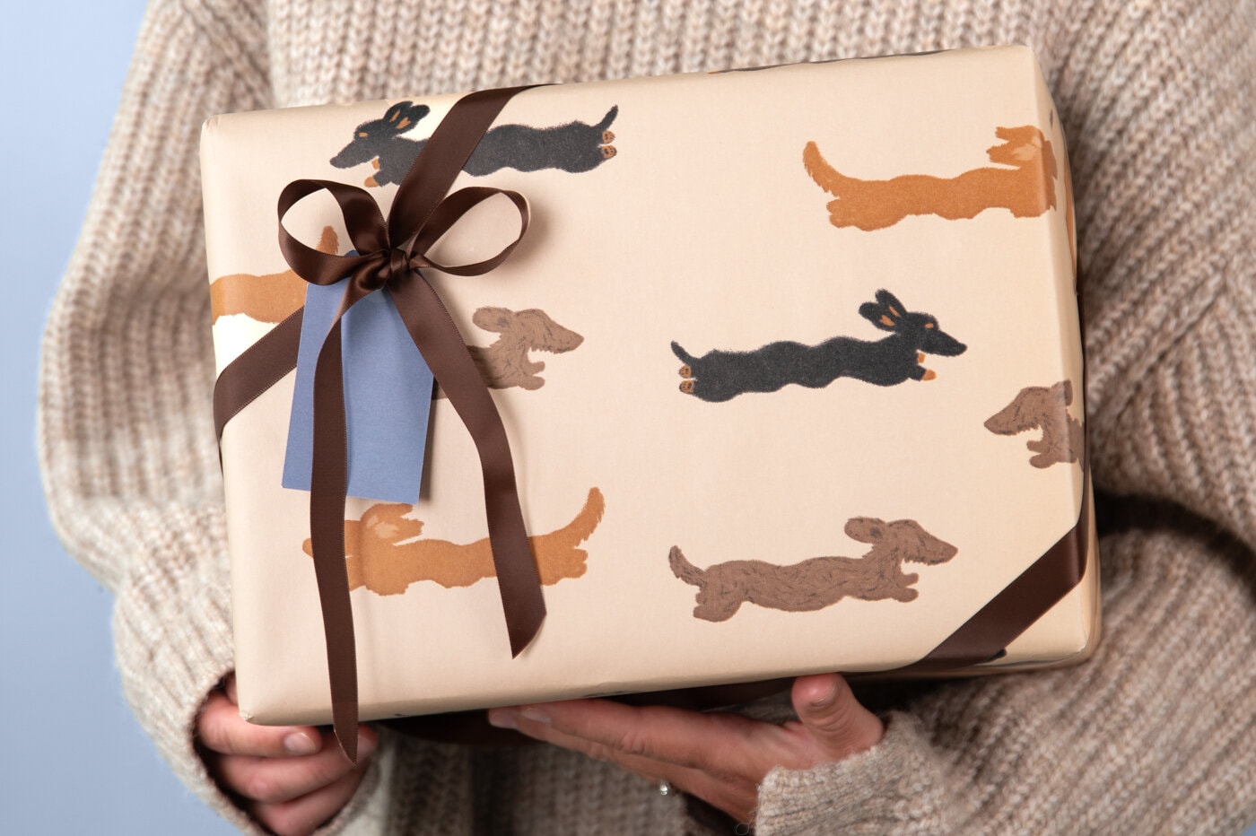 Present inslagen i beige presentpapper med hundmotiv och dekorativt band.