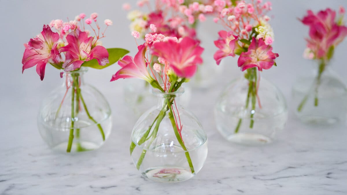 Små glasvaser med rosa blommor på marmorunderlag