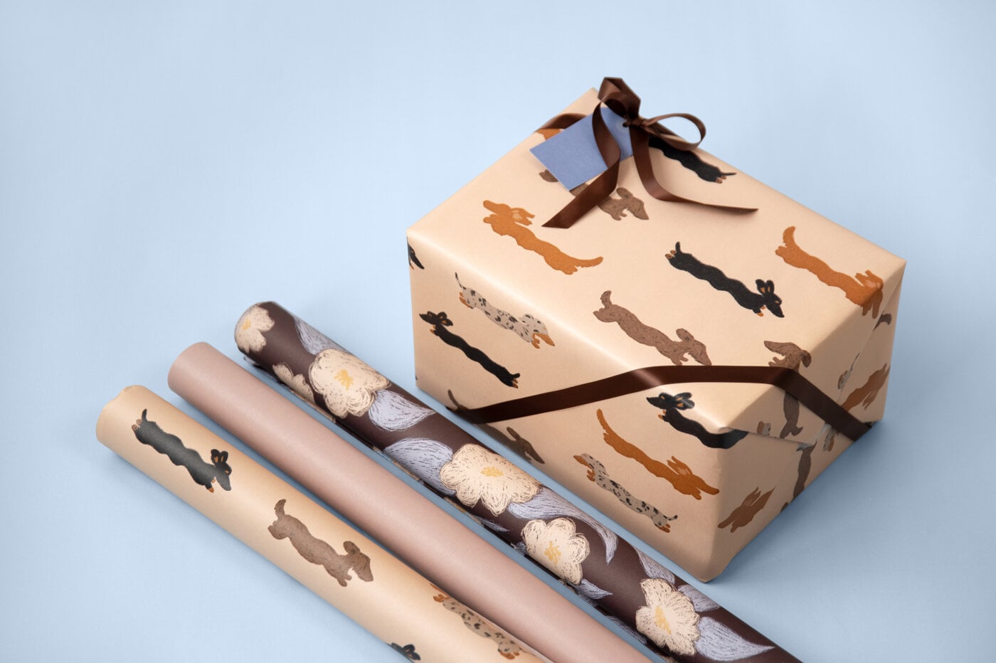 Inslaget paket och presentpapperssrullar mot blå bakgrund.