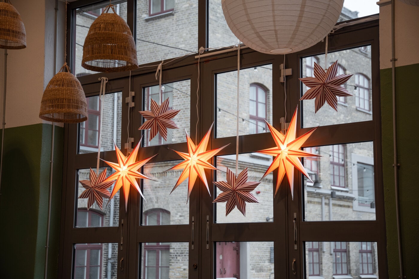 Lysande julstjärnor och randiga pappersstjärnor i rött och vitt hänger framför stora fönster.