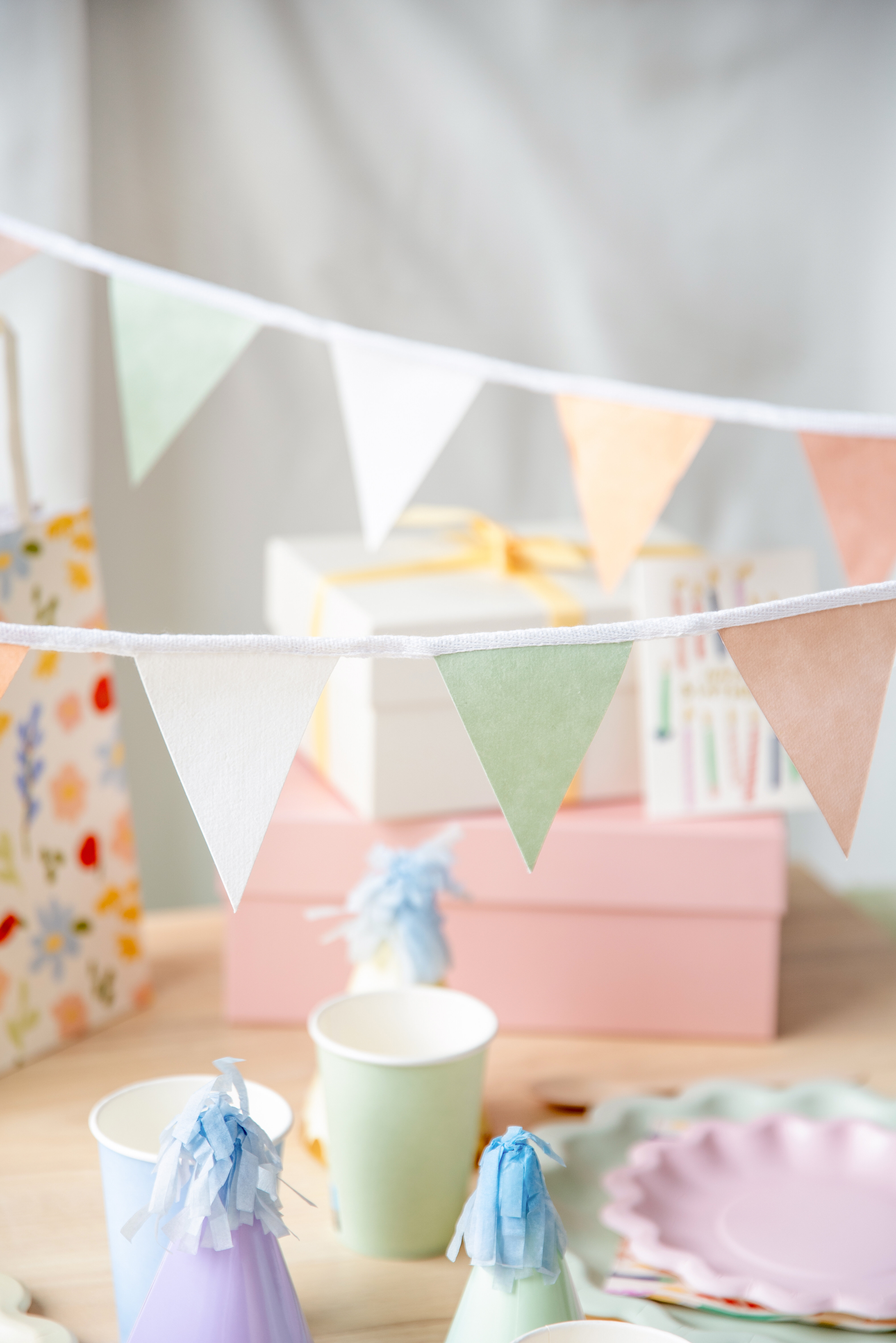 Kalastema med färgglada girlanger och engångsartiklar.