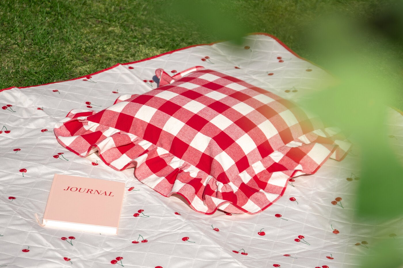 Rödvitrutig kudde på picknickfilt i gräset.