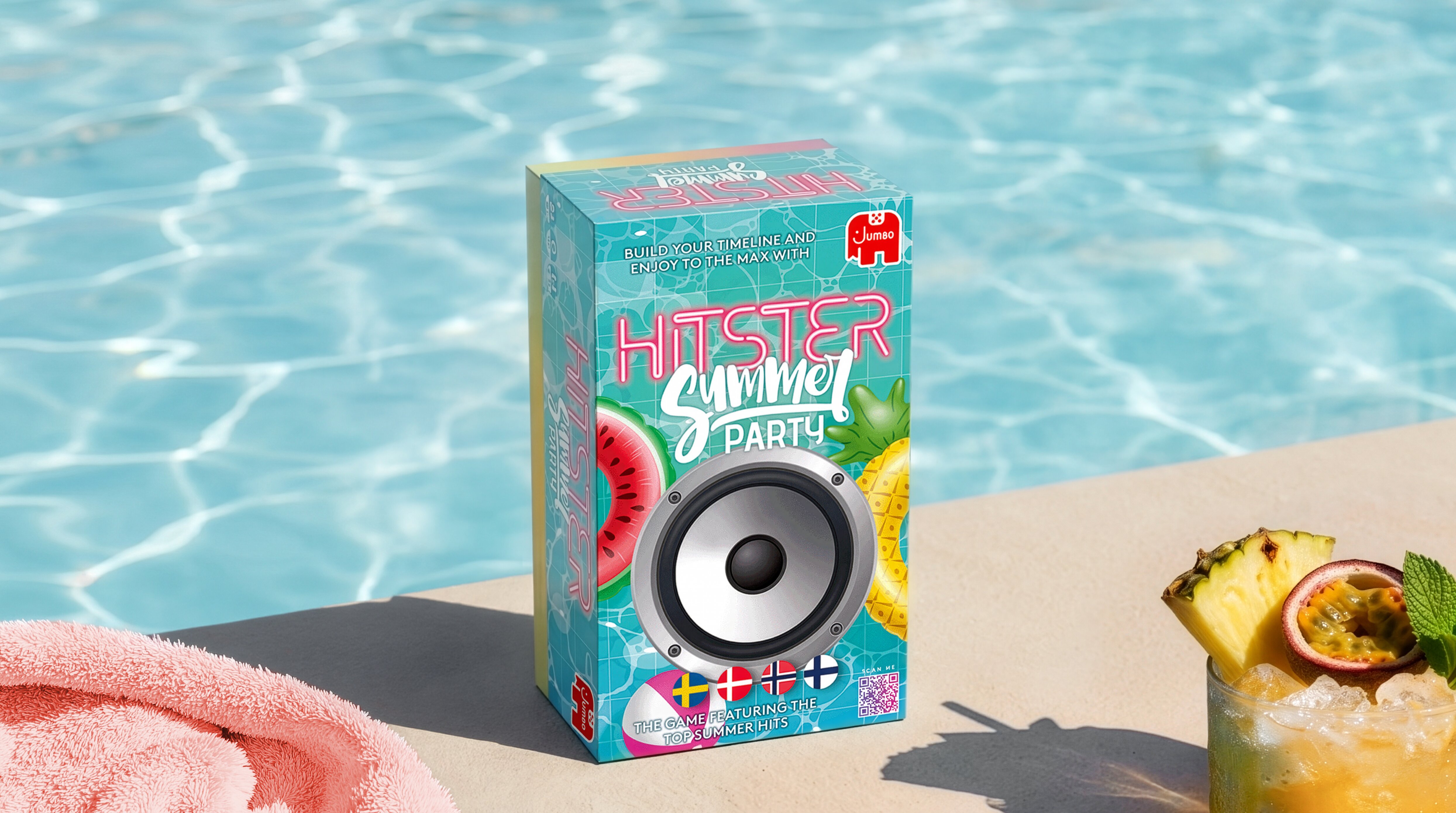 Sällskapsspelet Hipster Summer Party framför en pool med somrig bakgrund.